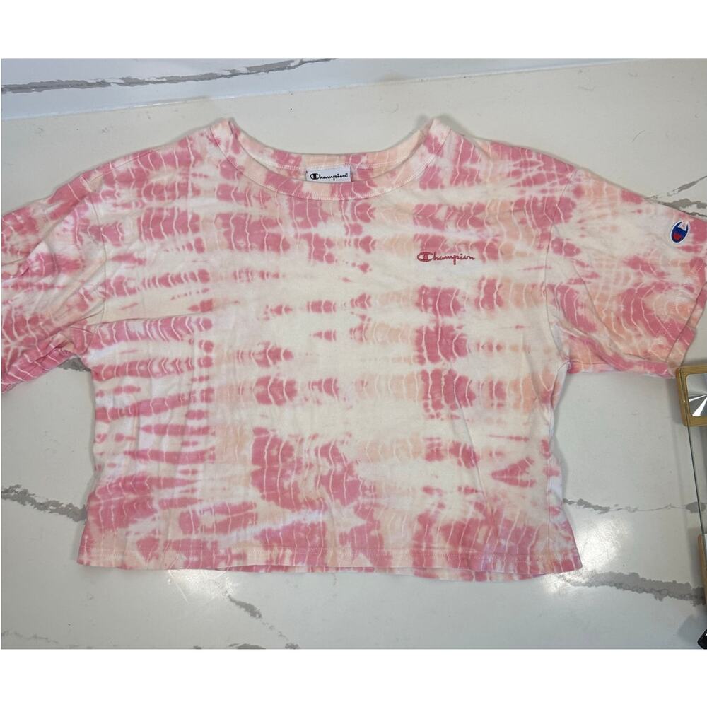 Champion Women's Boxy Crop Top T-Shirt Size XS Pink Tie Dye Workout Casual‎